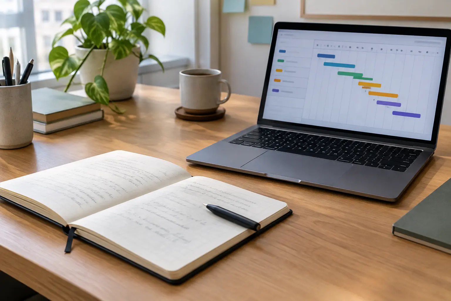 A reflexive research diary open beside a laptop showing a project timeline on a calm office desk
