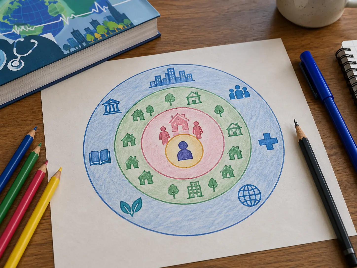 A hand-drawn concentric rings diagram from the individual outward to community and society