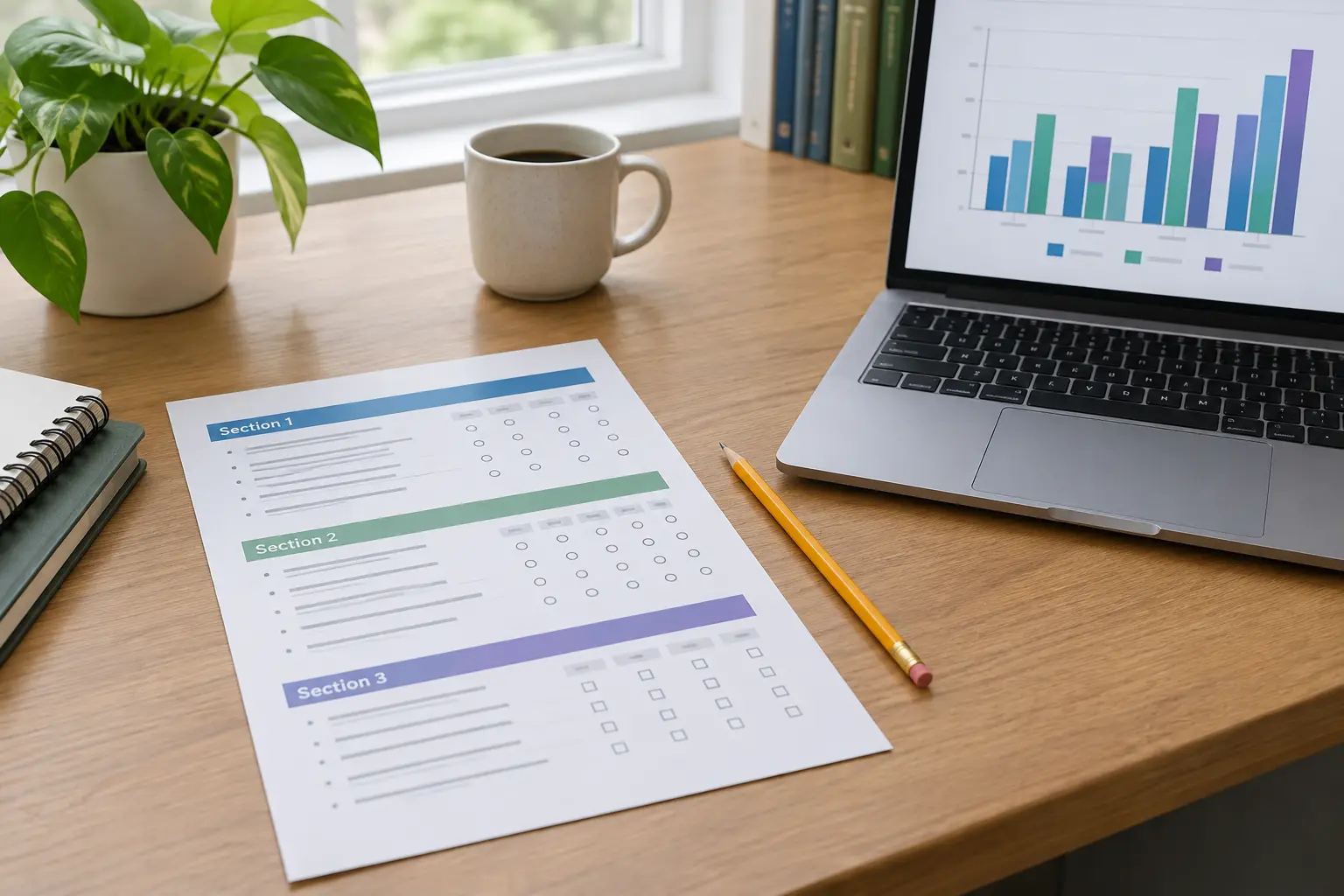 A printed three-section questionnaire and a laptop showing a bar chart of survey results on a desk