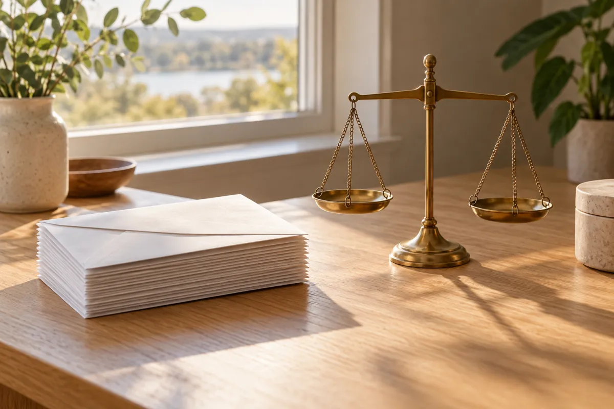 Plain envelopes and a brass scale on an oak table in morning light