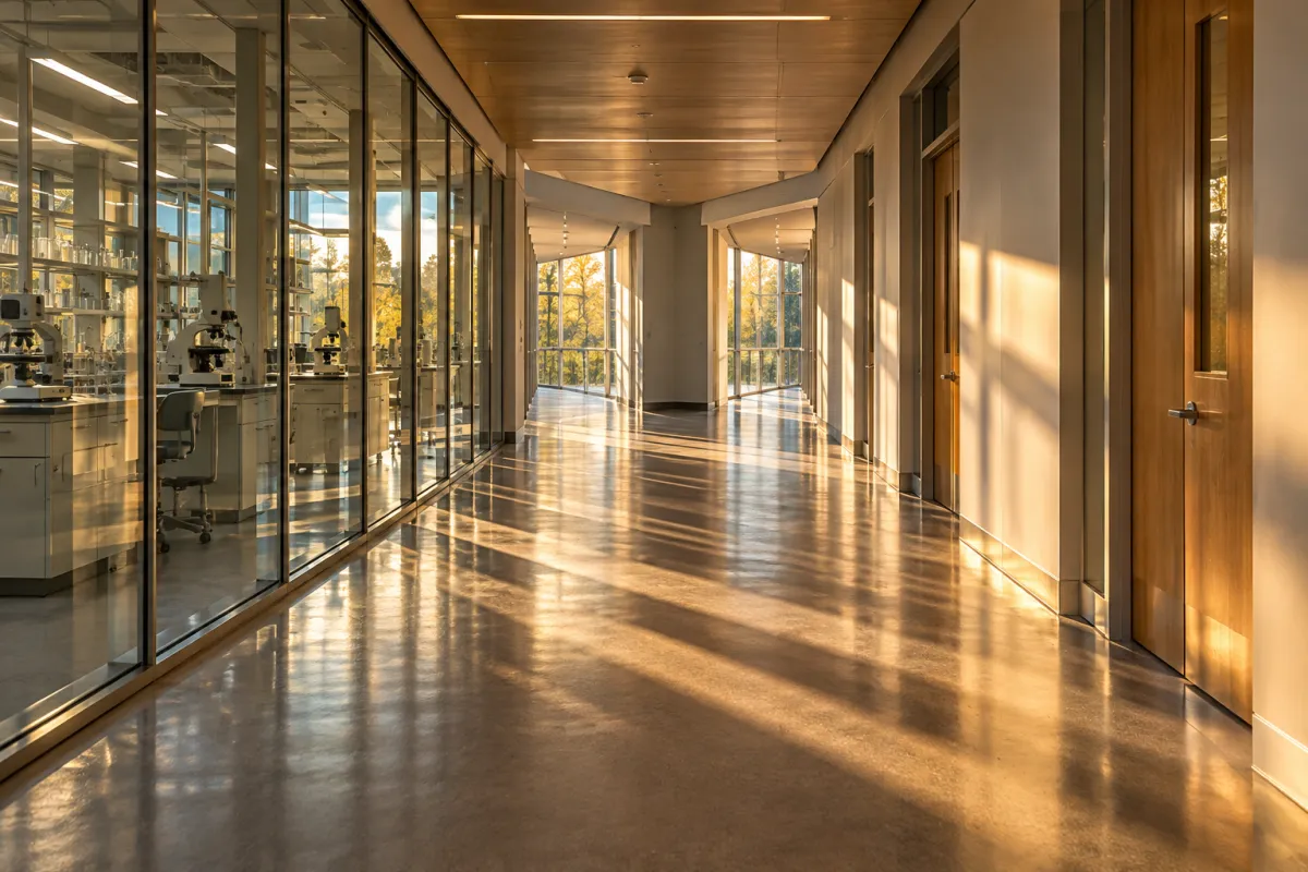 A university corridor with laboratories on one side and offices on the other, splitting into two paths
